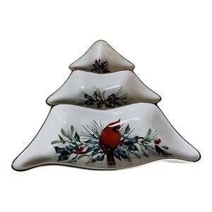 LENOX WINTER GREETINS 3 Tier TREE SHAPED Cardinal DISH